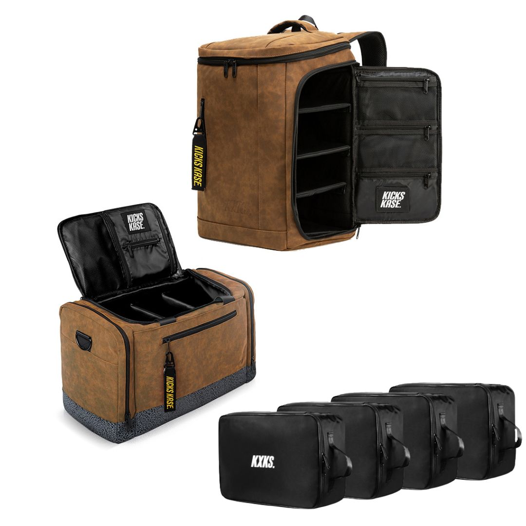 Brown and black bag with open compartments and 'KICKS AIDE' branding on a white background.