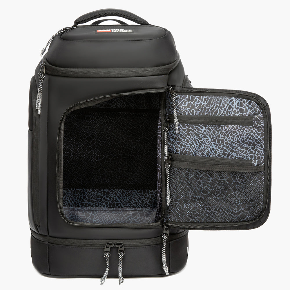 Game Day Backpack basketball backpack open to show main compartment with grey Rhino-print lining