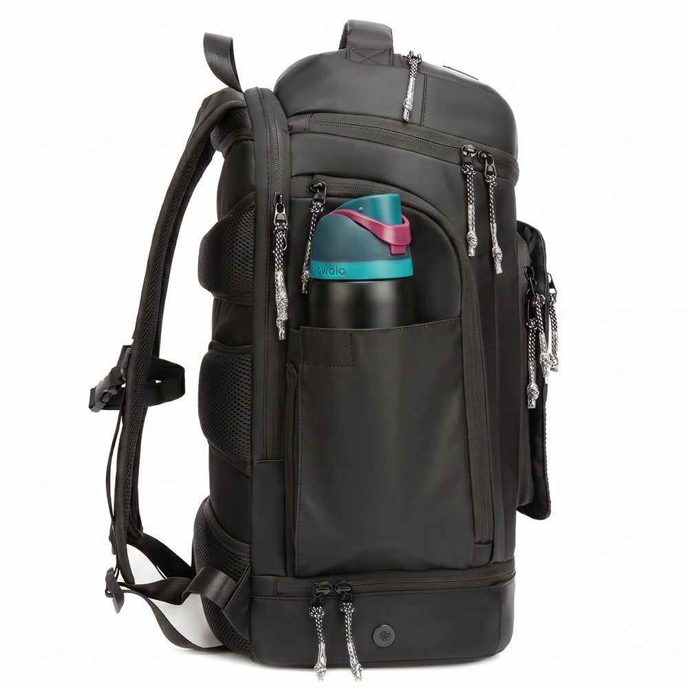 Side view of the Game Day Backpack basketball backpack showing water bottle pocket and side straps