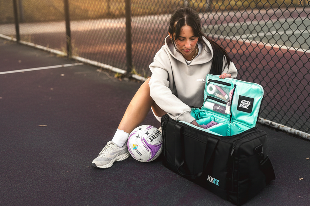 A woman sits on a tennis court next to an open  netball duffle bag with a bright turquoise interior, showing a hydration pack and other gear inside. A soccer ball rests near her, with a chain-link fence and sunset in the background.