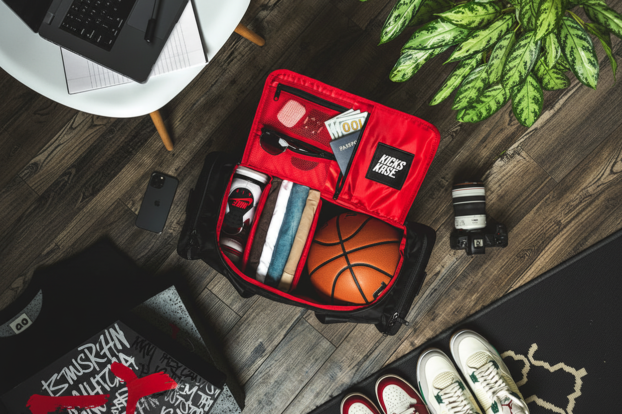 KXKS. Black/Red Duffle packed with a basketball, Jordan sneakers and some clothes. Great for travel and sports