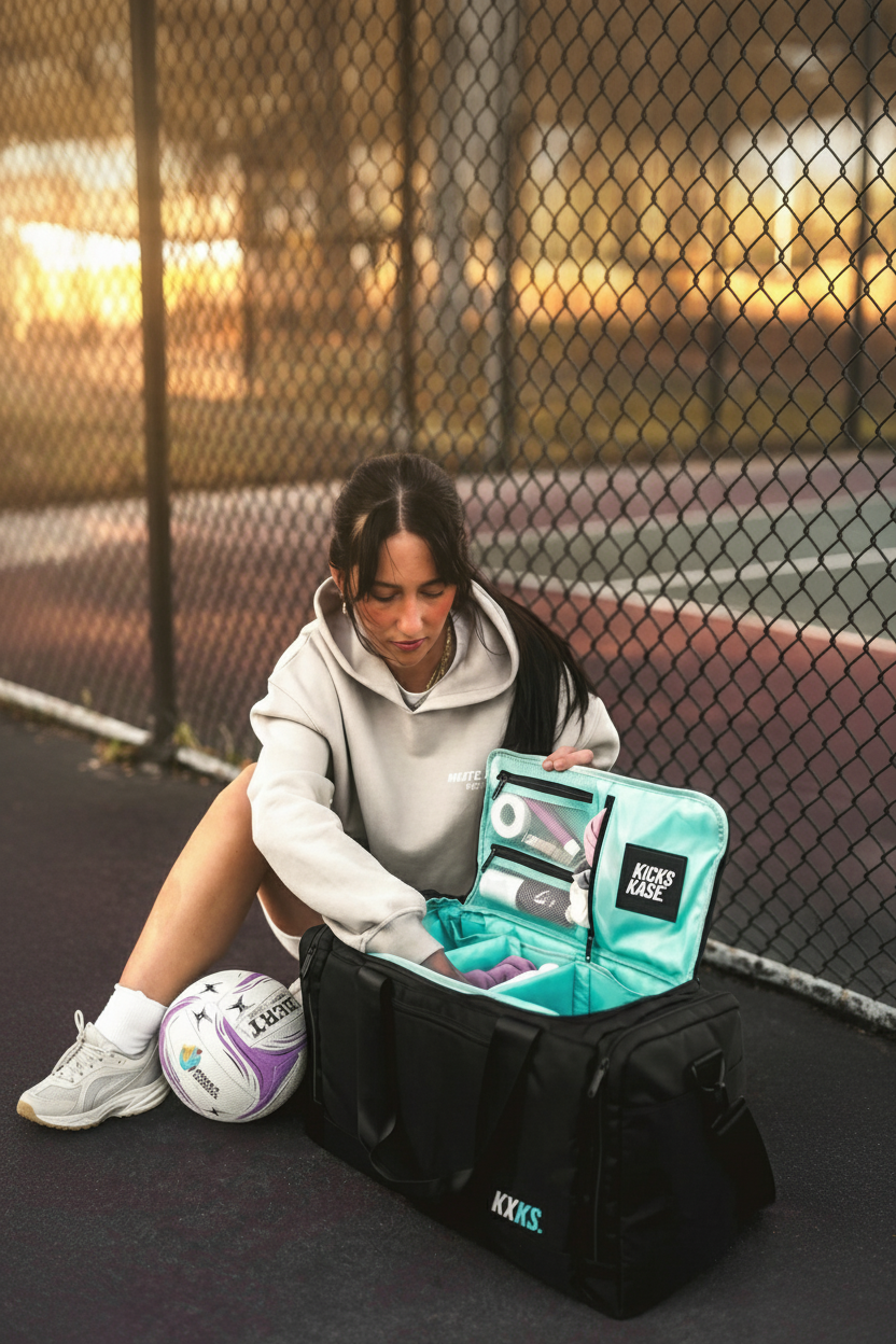 A woman sits on a sports court next to an open black KXKS. duffel bag, showing a turquoise interior with sports gear inside, with a netball at her side.