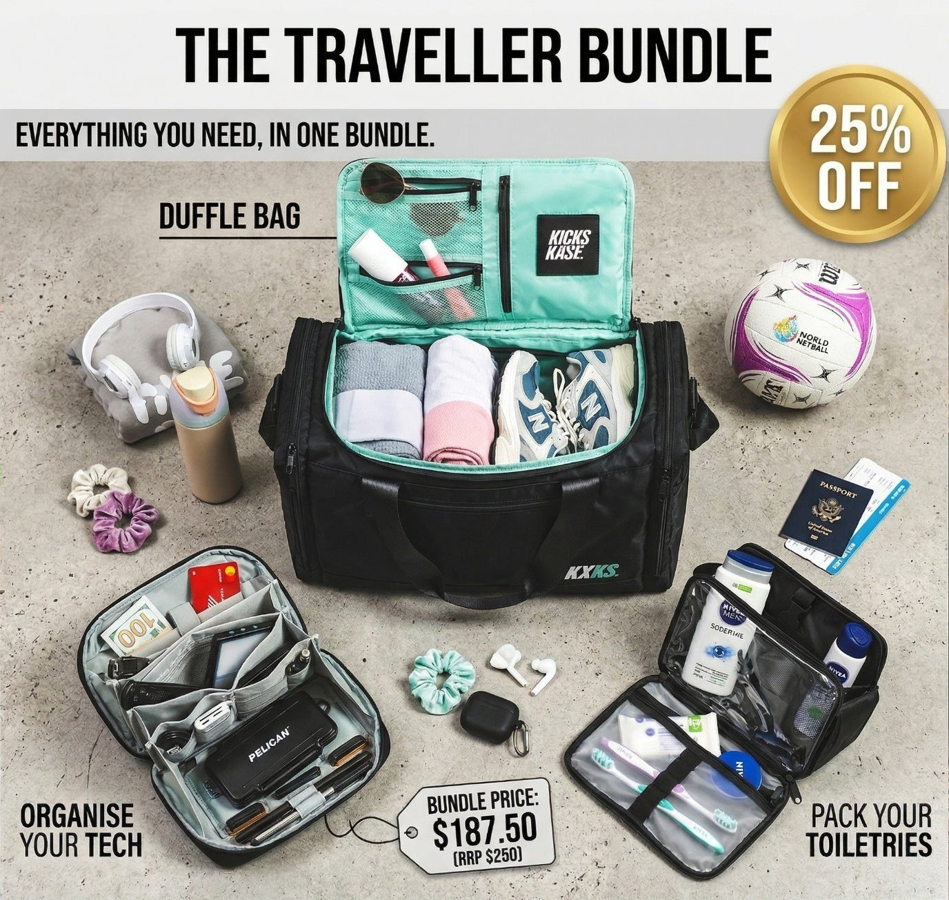 Traveller Bundle with duffel bag, tech organizer, and toiletry carrier on a concrete floor.
